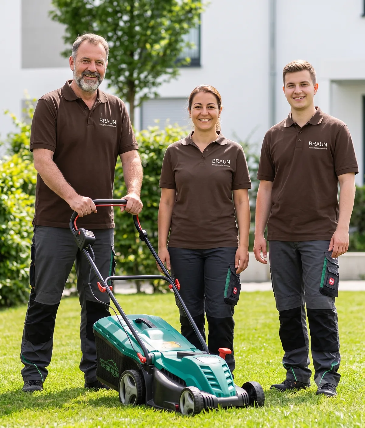 Team der Braun Hausmeisterservice beim Rasenmähen